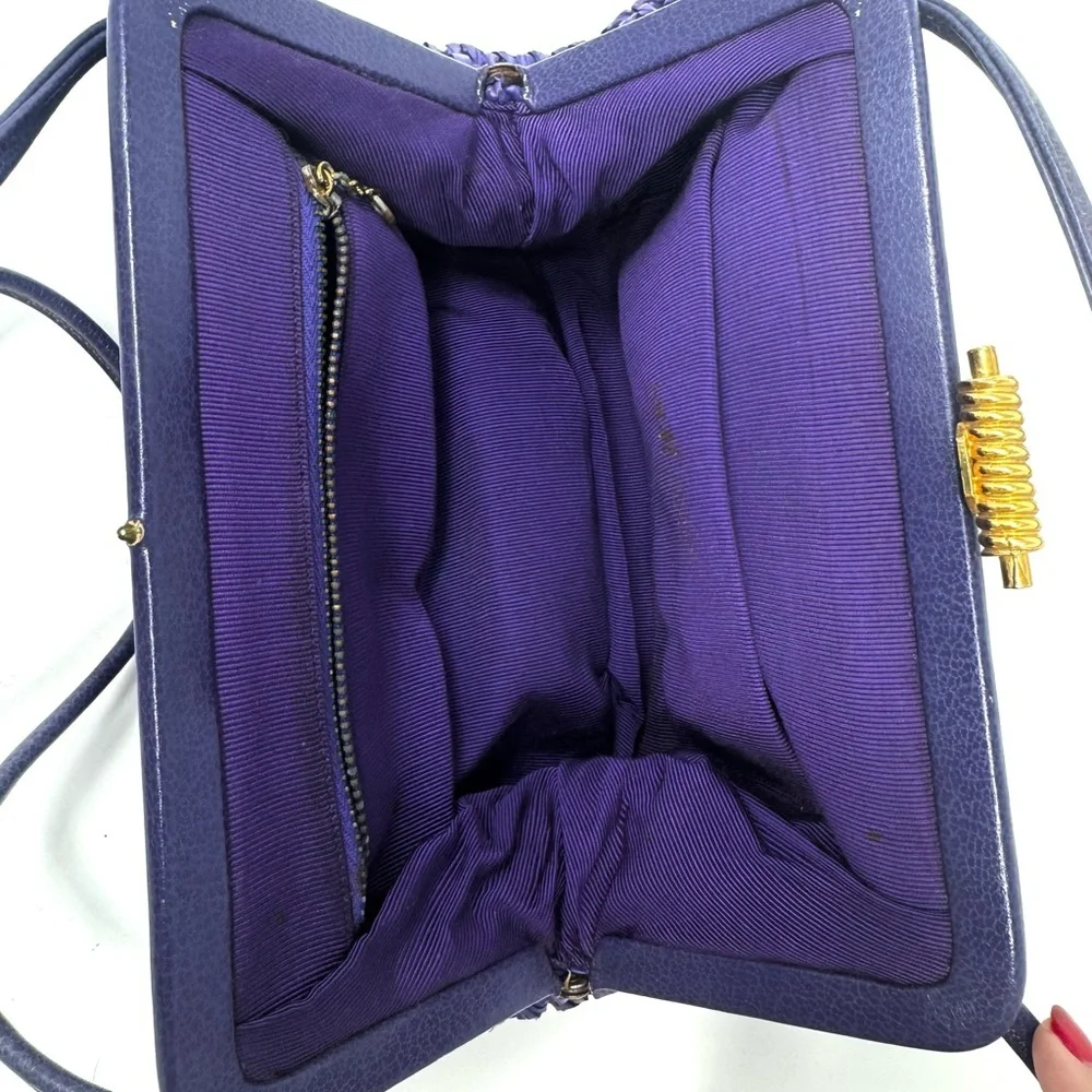 Morris Moskowitz Vintage Purple Crochet Straw Top Handle Bag Gold Hardware - Picture 7 of 9